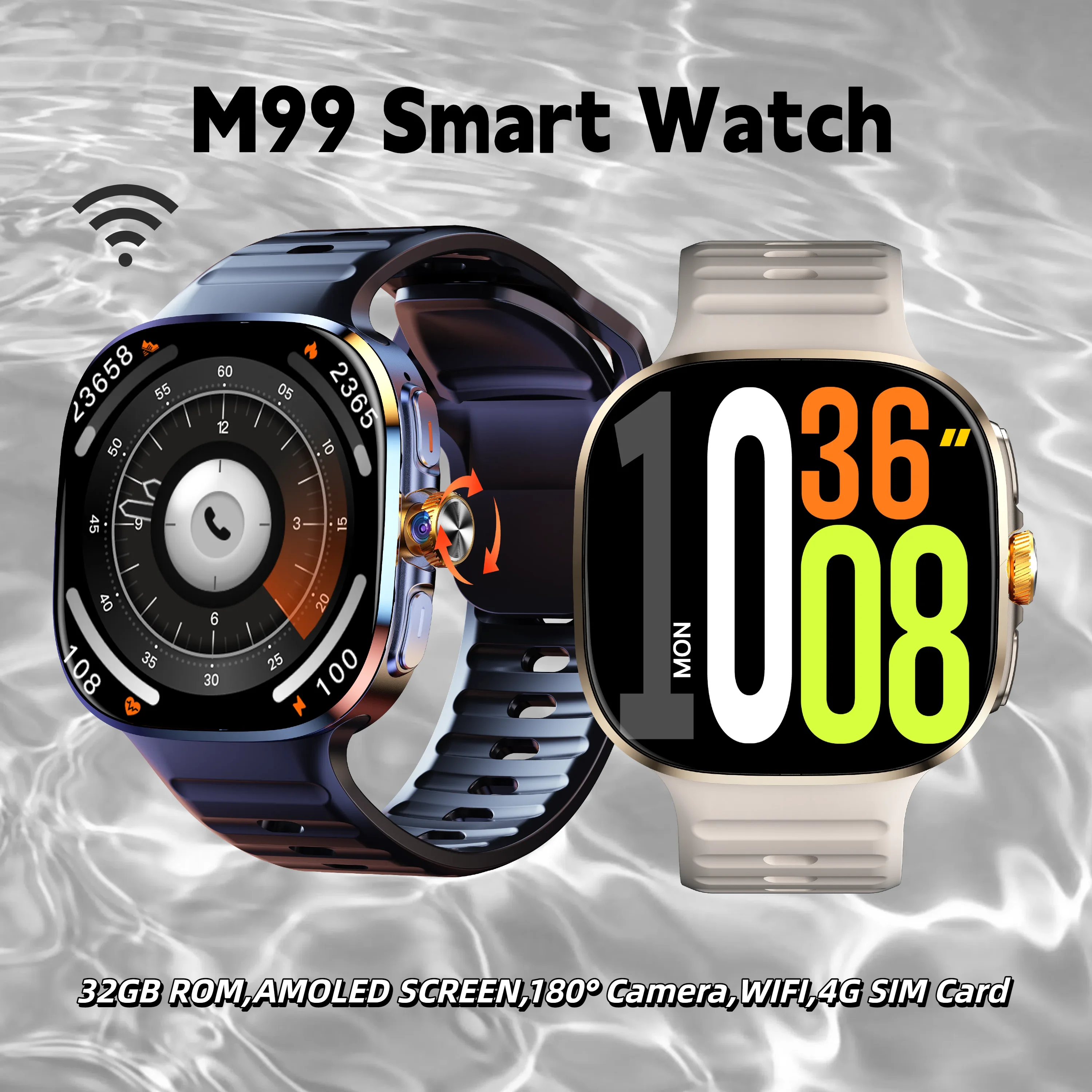 الإصدار العالمي M99 بطاقة SIM Smartwatch 2.4 بوصة شاشة Amoled GPS WIFI 180 °   كاميرا دوارة Android 10.0 ساعة ذكية للرجال