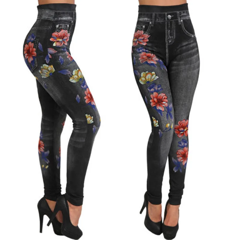 Women\'s Pants Printed Seamless Imitation Denim Tight Leggings Sexy Leg Wrap Pants Cropped Pants Pants women