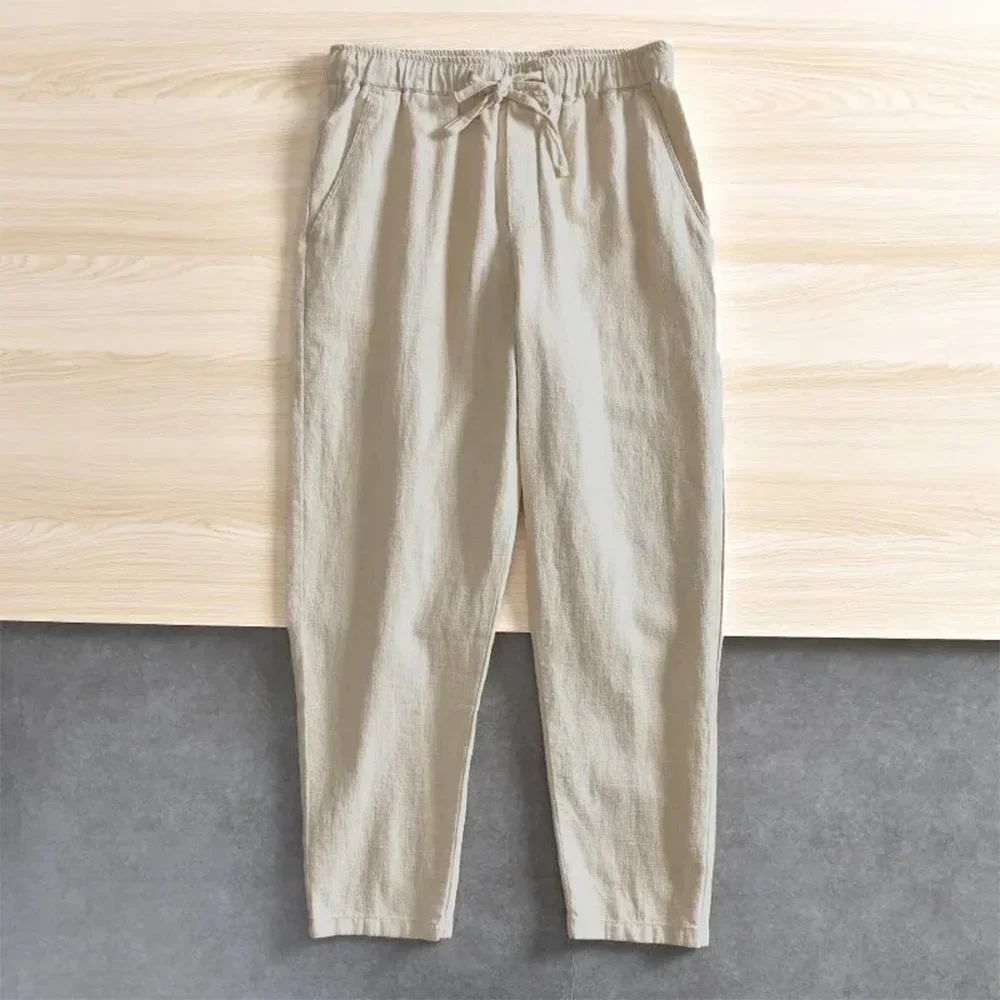 

2025: мужские повседневные брюки из хлопка и льна, мешковатые уличные мужские спортивные брюки для бега, однотонные длинные прямые модные брюки для мужчин