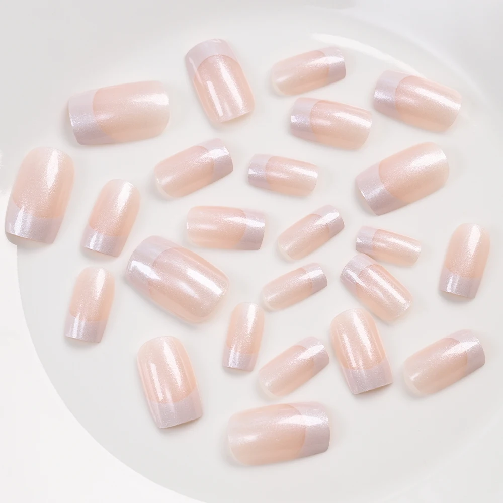 24 قطعة بريق ناعم قصير مربع الضغط على الأظافر عارية الفرنسية الأظافر وهمية مع نصائح لامعة قابلة لإعادة الاستخدام مجموعة الأظافر الاصطناعية كاذبة #4