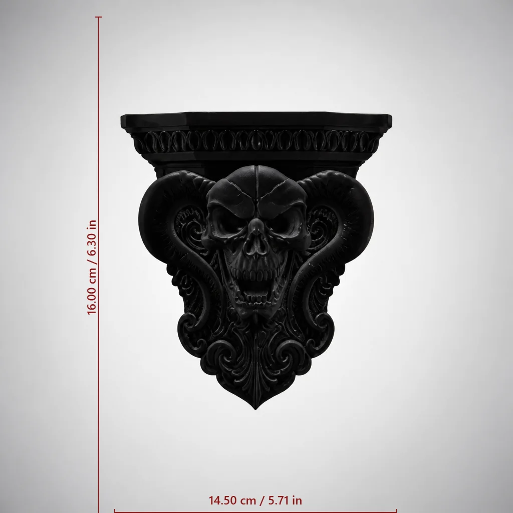 Vintage Baroque Demon Skull Wall Sconce Shelf, Black Intricate Carving Ram Skull Wall Mount Rack, Witchy Gothic Wall Decor