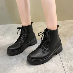 Size 42 Women Motorcycle Ankle Boots Wedges Female Lace Up Platforms Black Shoes Woman Botas Mujer