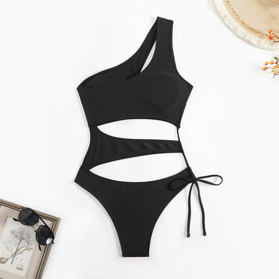 Asymmetrischer Badeanzug mit Cut-Outs und einem Schulterträger, einteiliger Badeanzug für Damen, Monokini mit hohem Beinausschnitt, Badebekleidung, Badeanzug, Modell V6254. – Detail 23