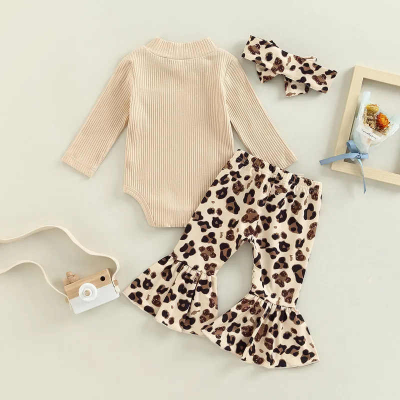 Newborn Baby Girls Clothes Pants Set Fall Winter Clothes Long Sleeve Bodysuit Leopard Bow Flare Pants Headband 0 to 18 Months