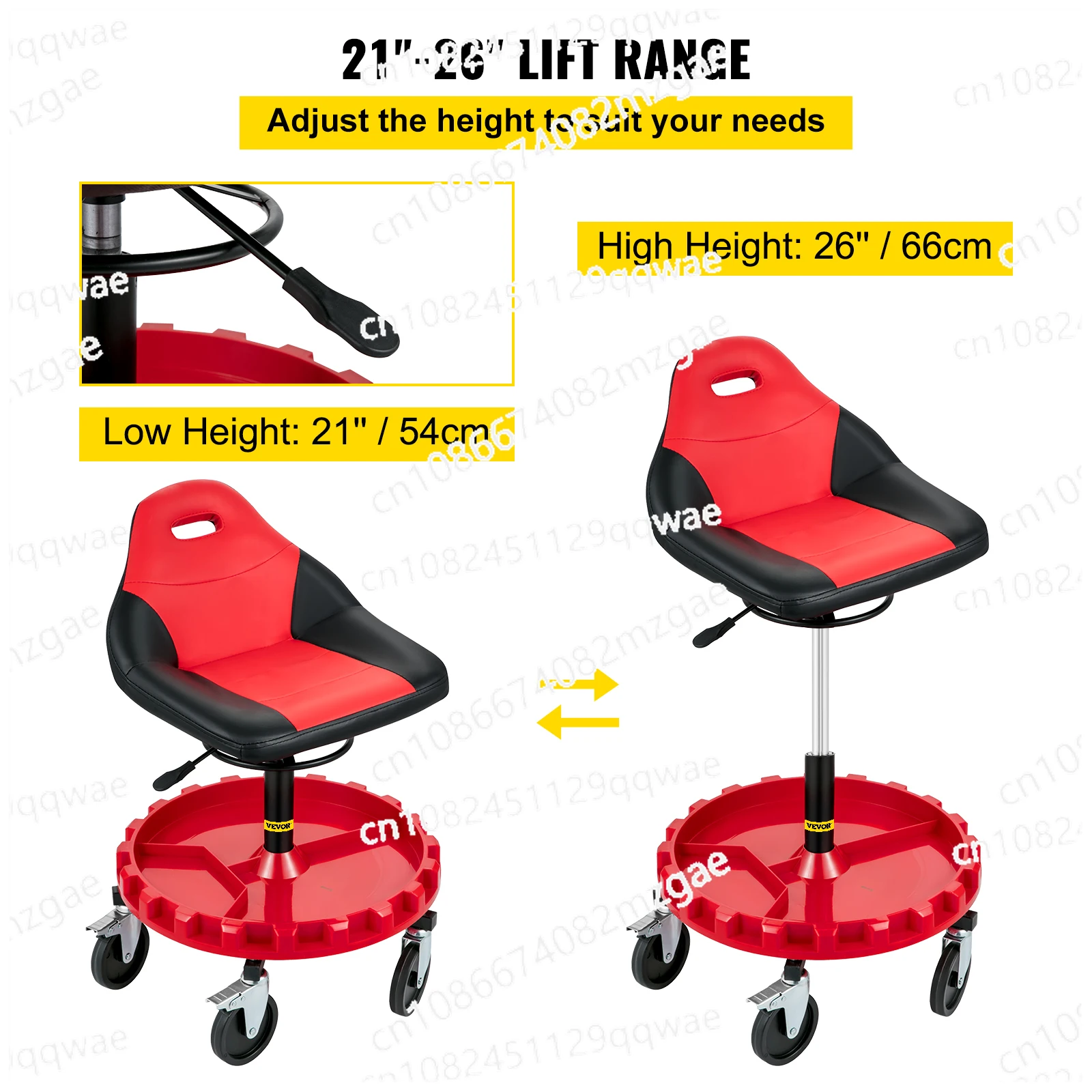 Load-bearing 300-pound, rolling garage stool with height adjustment from 21 to 26 inches, mechanical seat with universal wheel