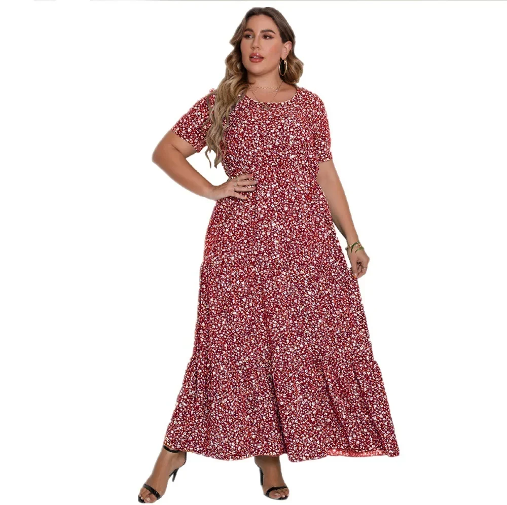 Plus Size Women\'s Summer New Short Sleeve Round Neck Dress Long Dress Beach Style Print Fashion Plus Size Dress 4XL 5XL Vestito