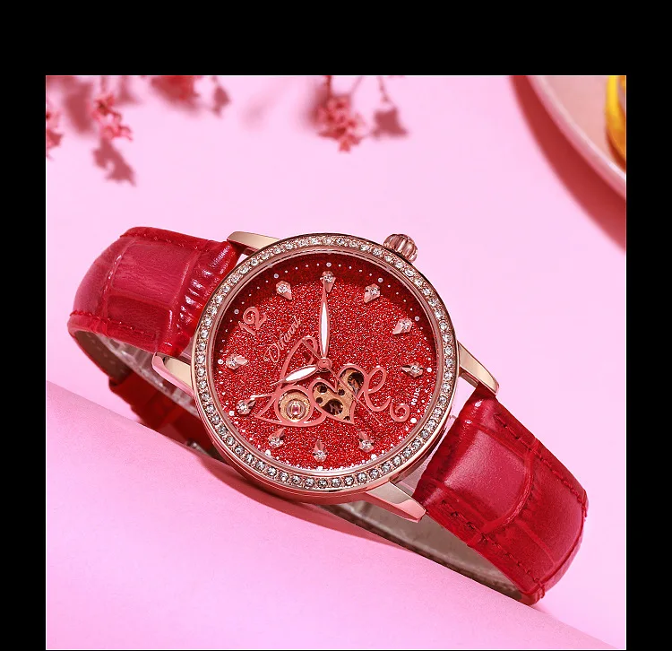 Stainless Steel New Diamond Heart Skeleton Luminous Waterproof Self-Wind Automatic Mechanical Watch for Women