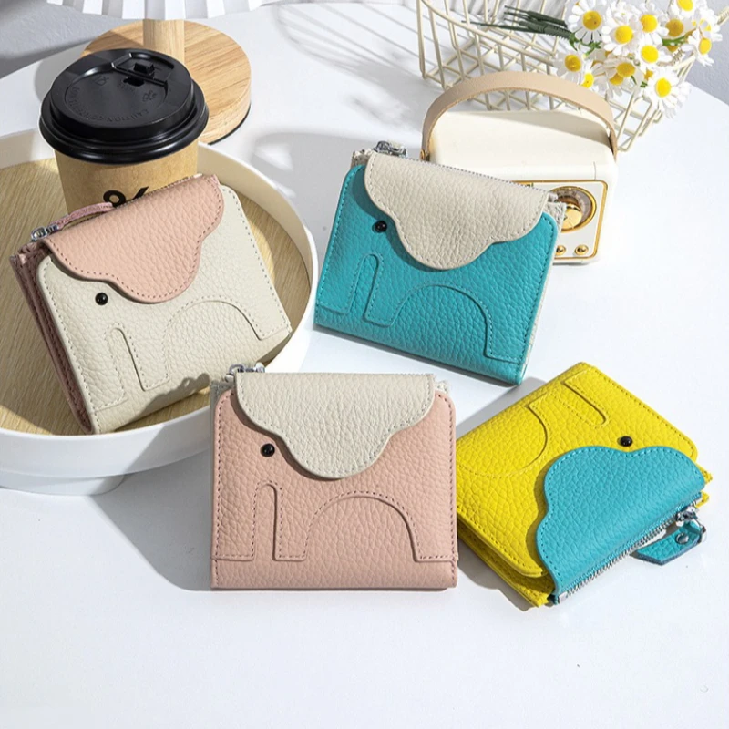 Genuine Leather Elephant Shape Bifold Wallet for Ladies RFID Blocking Color Contrast Design Multi Slot Card Holder Coin Purse