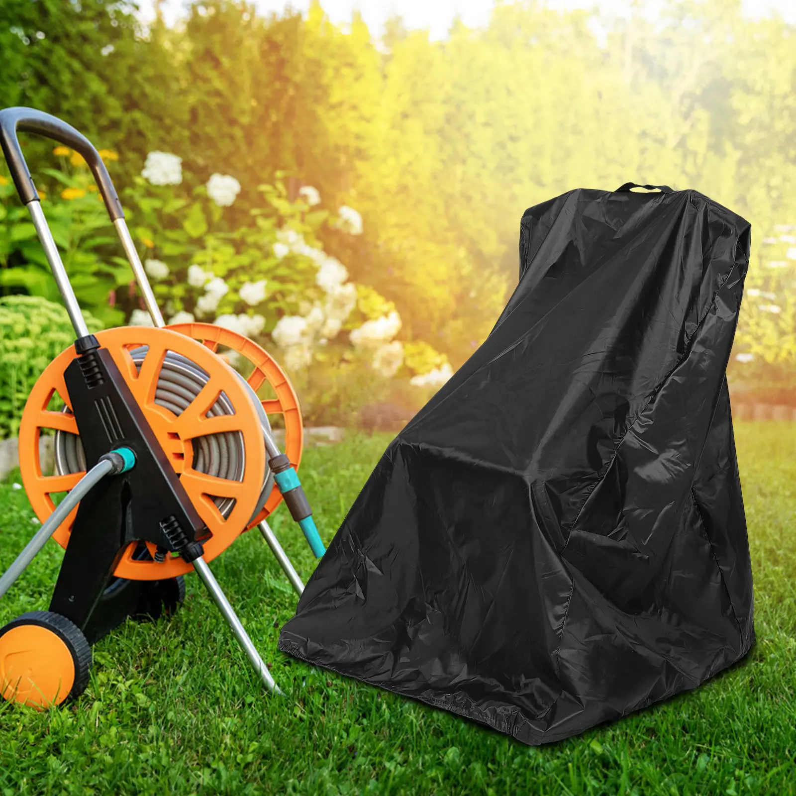 Weatherproof Hose Reel Cart Cover Oxford Material Waterproof Wind Resistant Drawstring Closure for Outdoor Patio Garden Hose
