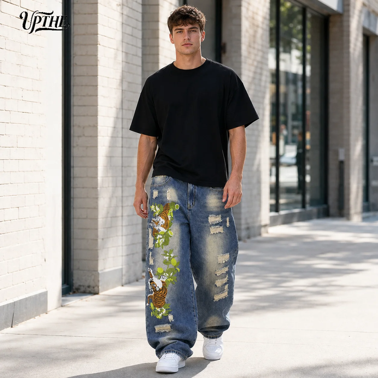 UP.THE Oversized Baggy Jeans for Men, Retro Gradient Washed Distressed Ripped Denim Pants, Jungle Tiger Floral Embroidery Y2K Streetwear Wide Leg Jeans, Skate Hip Hop Loose Denim Trousers for Teen Boys Daily Outfits