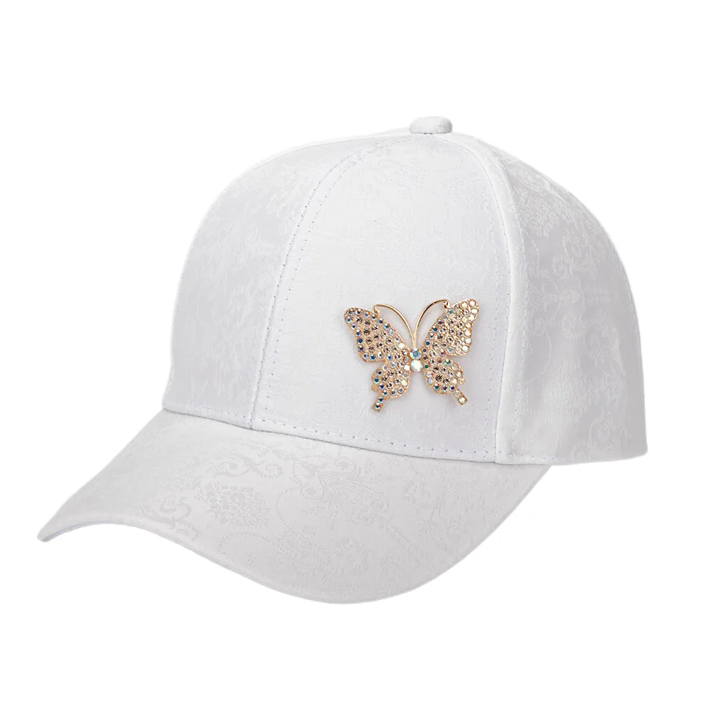 Women\'s Floral Hats Mini Butterfly Baseball Cap with Bling Rhinestones White Black Pink