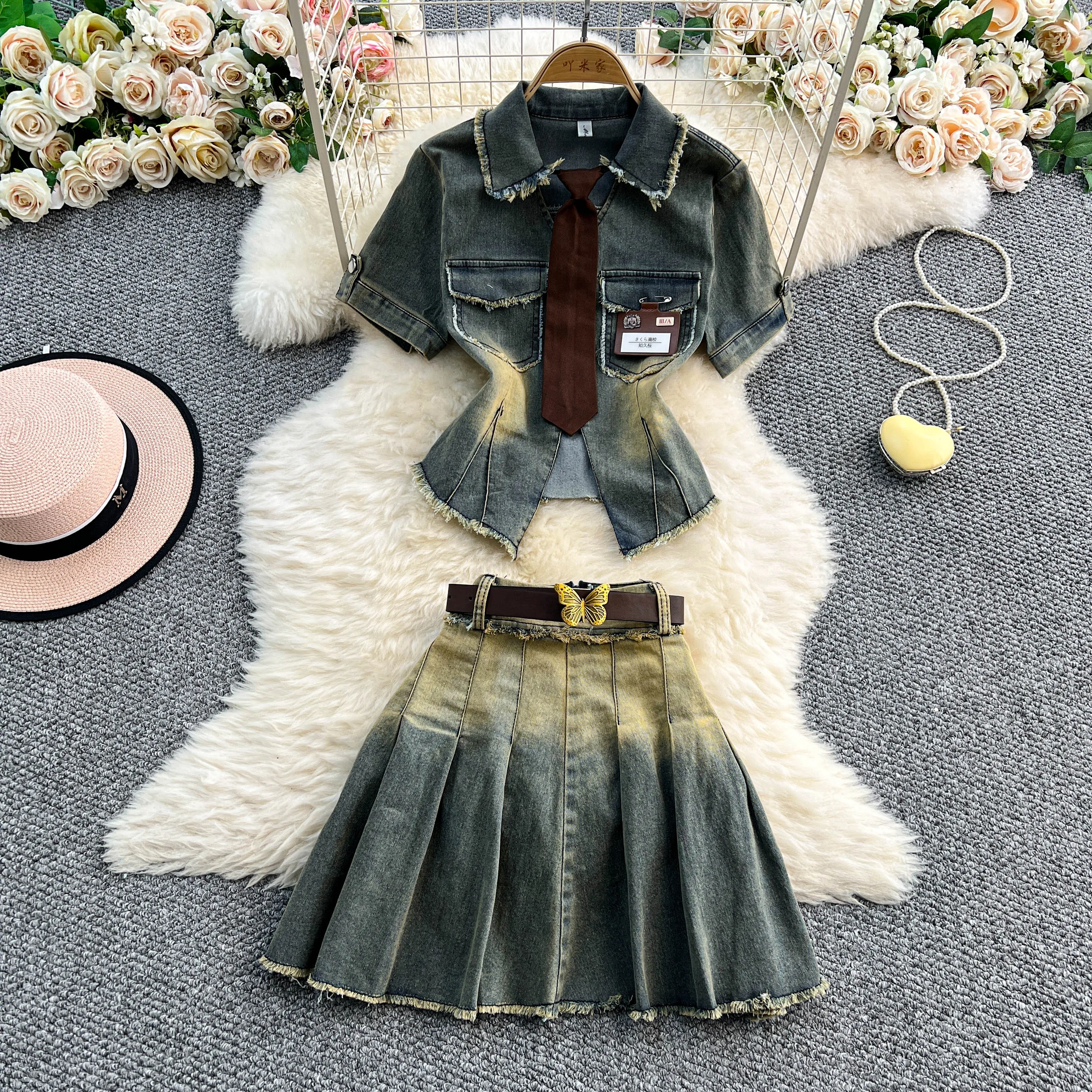 

Retro Youth Women Denim Set Gradual Color Fringed Denim Top + High Waist Pleated Skirt Women Fashion Two-piece Set For Girls