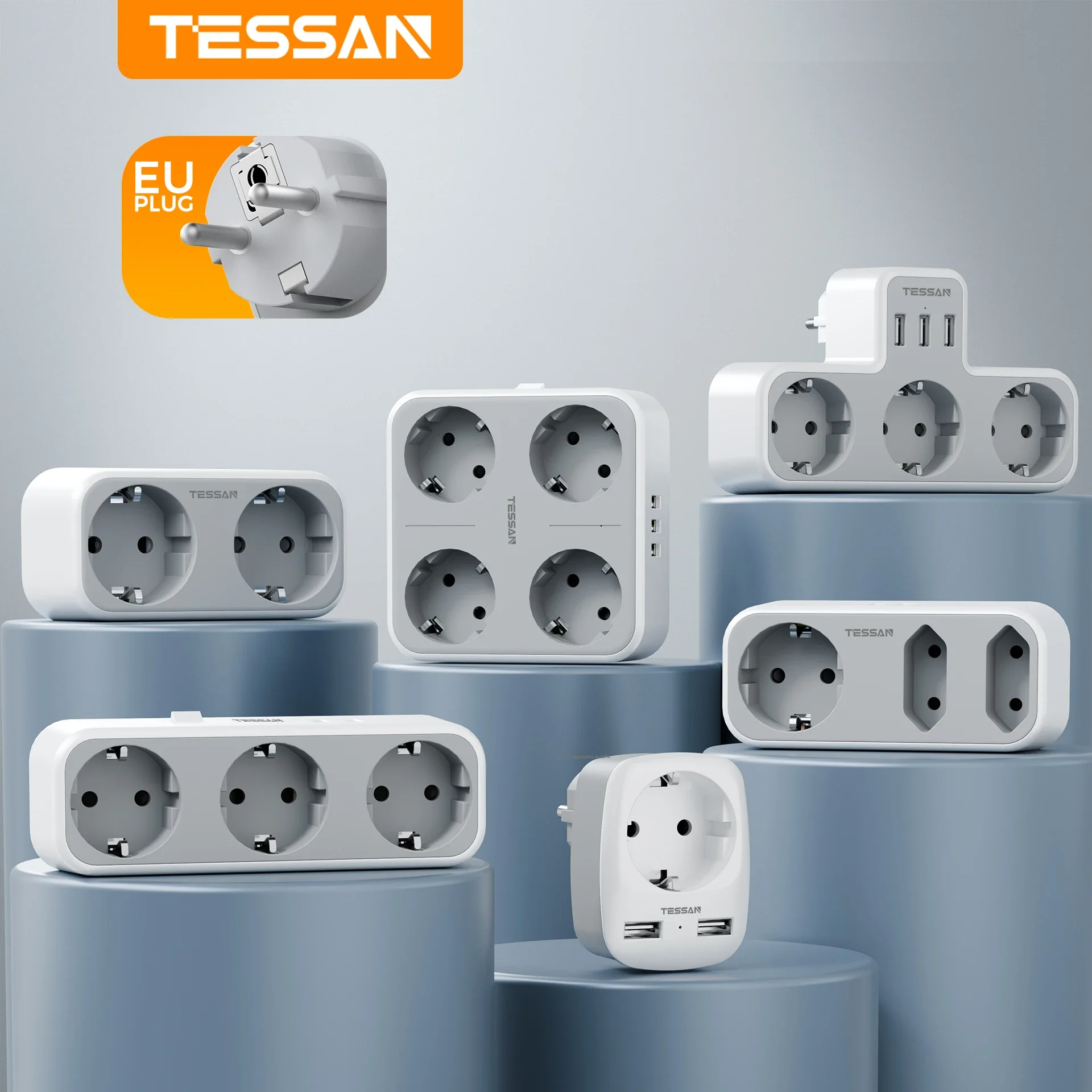 TESSAN Multi Outlets Power Strip with Outlet and USB Ports, EU KR Wall Socket Power Adapter with Overload Protection for Home