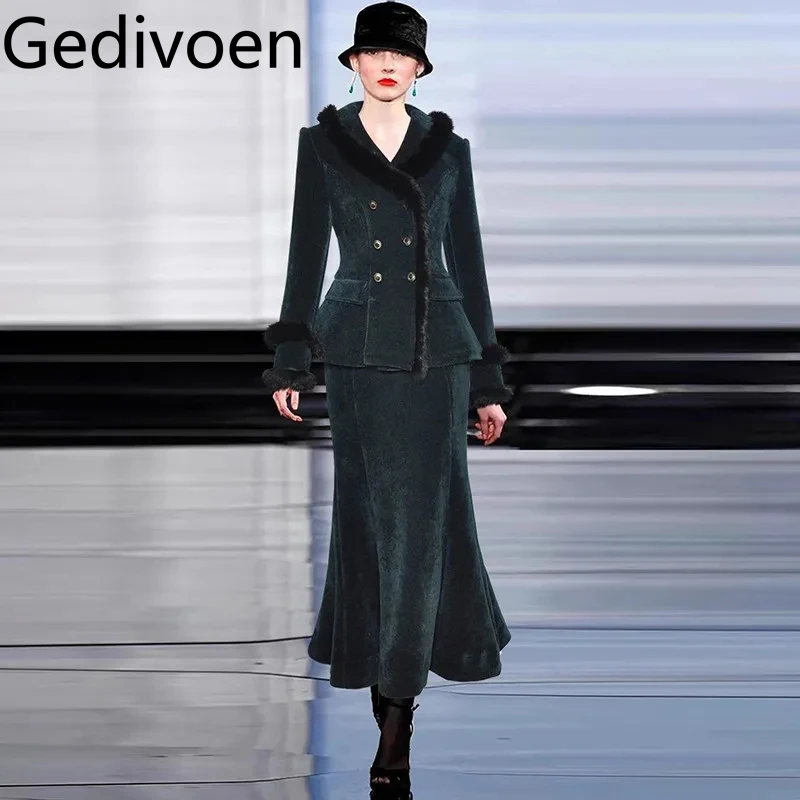 Gedivoen Women's Fashion Streetwear Suit Notched Double-breasted Coat Tops+Straight Skirt Autumn and Winter 2 piece set