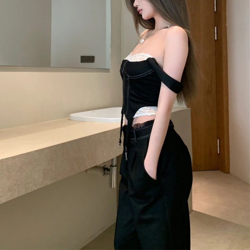 2024 Summer New High Street Contrast Color Lace Splicing Irregular Camisole Women + Loose Casual Wide Leg Pants Two-piece Suit