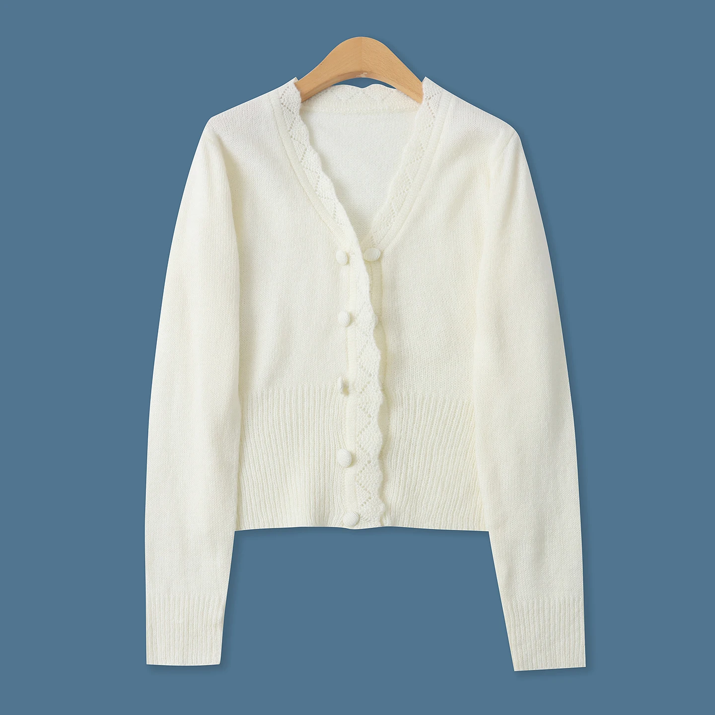 

Slim Fit Long Sve V Ne Knitted Cardigan Spring New Sle Women's Versatile Lace Trim Single Button Casual Sle Sweater