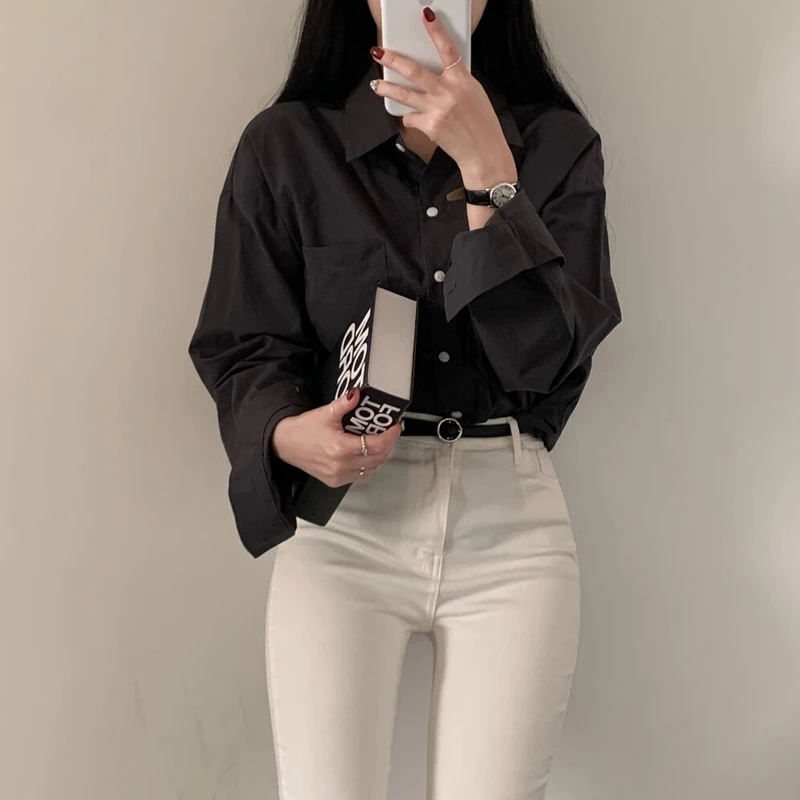 2024 Long Sleeve Office Women Shirt Lapel Casual Loose Blouse With Pocket Spring Autumn New Ladies Simple Blue Tops Mujer 8306#