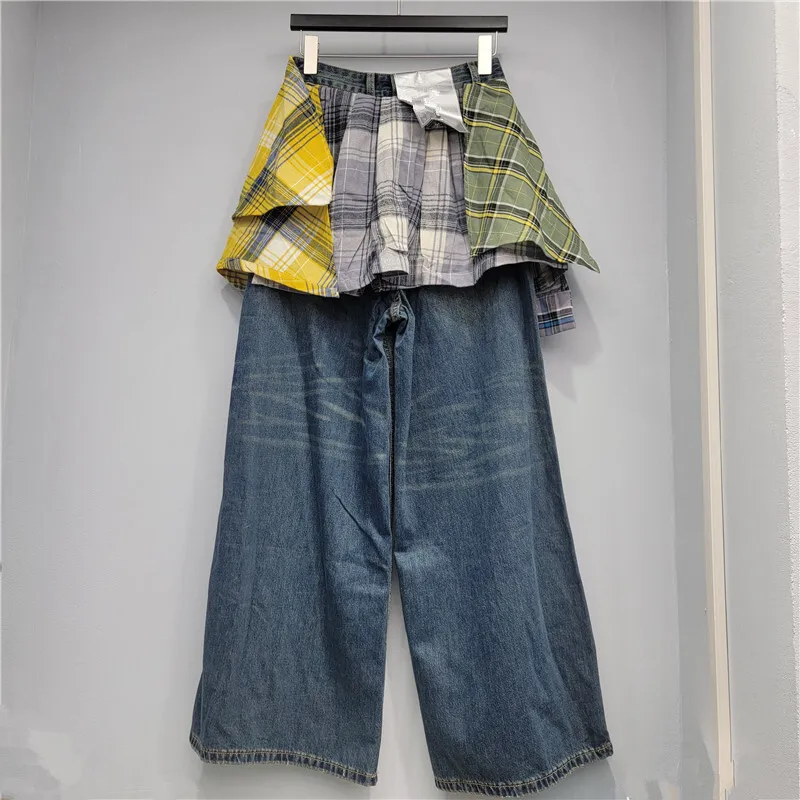 ANJY Herbst Winter Neue Frauen Mode Einzigartige Design Plaid Unregelmäßigen Patchwork Lose Gerade Jeans Trendy Chic Denim Hosen A15827