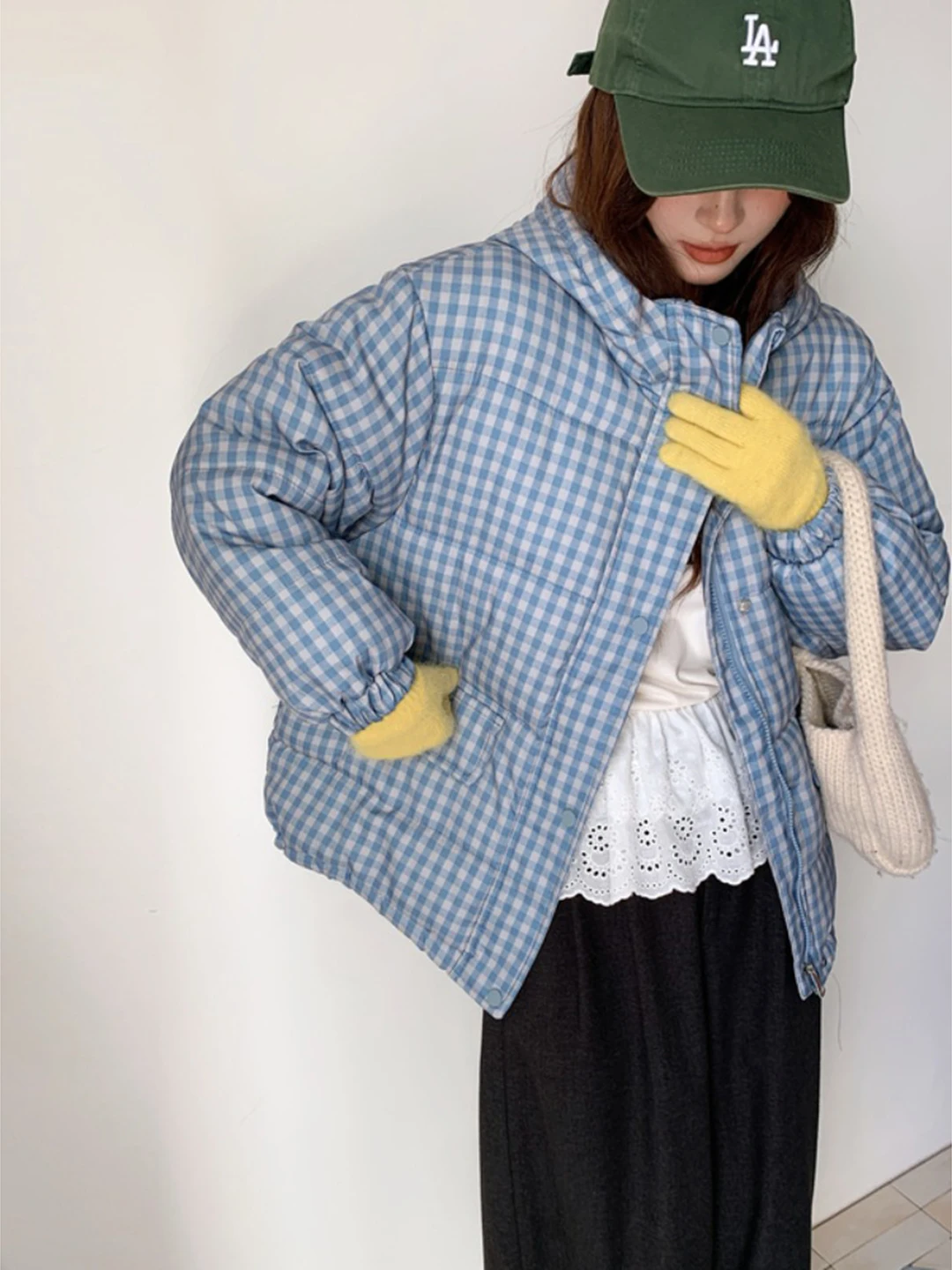 

Cute Plaid Korean Sle Hooded Cotton Jaet Autumn Winter New Women's Top Bread Sle Sweet id Cotton Coat Outerwear