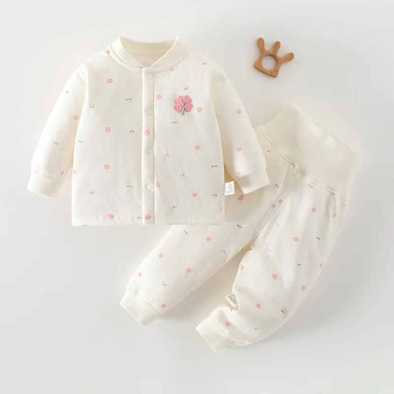 Baby 2Pcs Thermal Clothes Set Autumn Long Sleeve Open Cardigan & High Waist Belly Pants 0-3Y Infant Cotton Sleepsuit