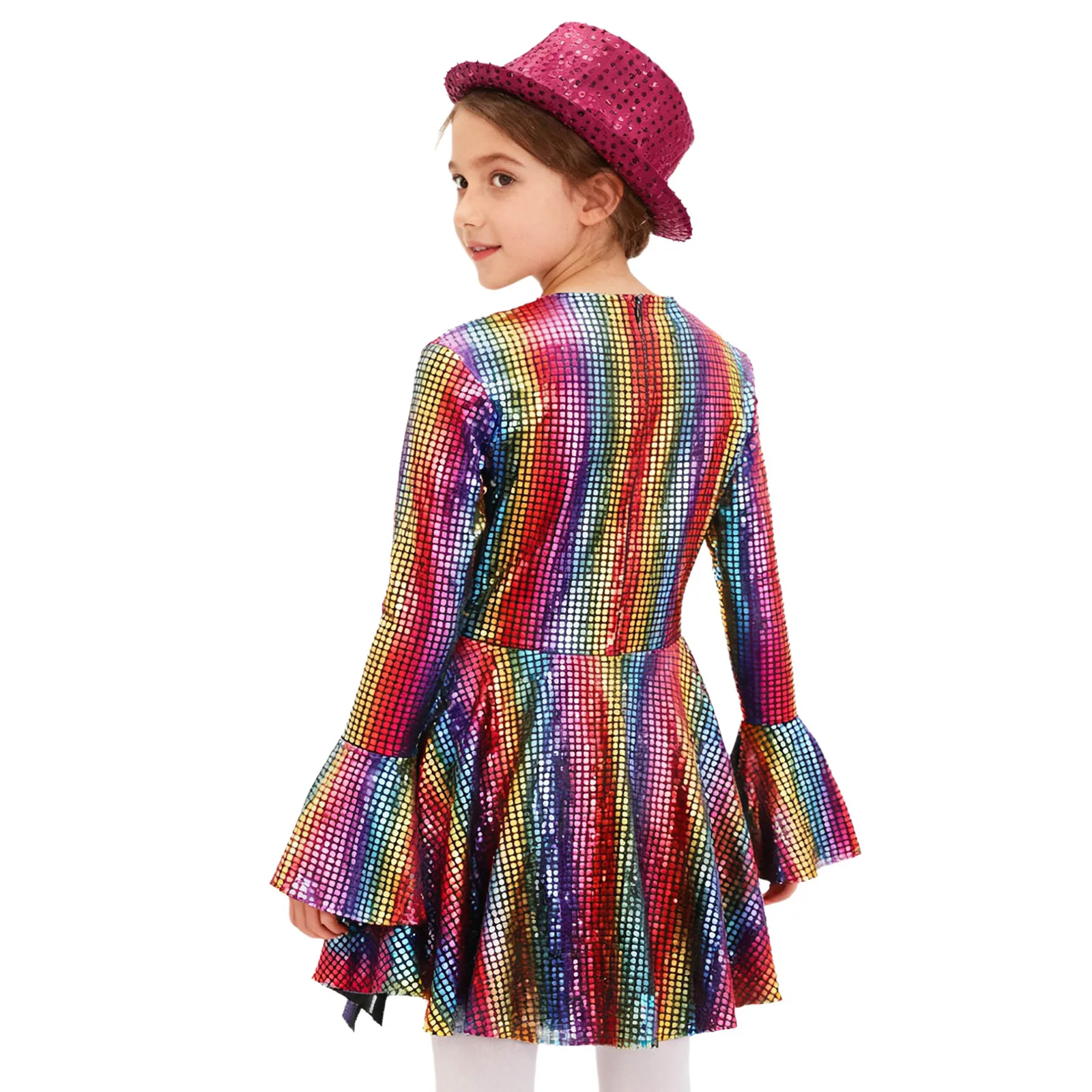 男の子 女の子 70年代 ディスコ ジャズ ダンス衣装 メタリック シャイニー Tシャツ/ドレス スパンコール付き フェドーラハット カーニバル パーティー ヒッピー ストリートウェア