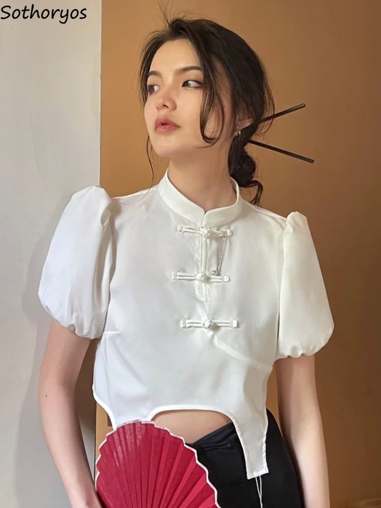 Blouses Women Puff Sleeve Traditional Chinese Style Simple Elegant Stand Collar Irregular Summer Retro Students Fashion Daily