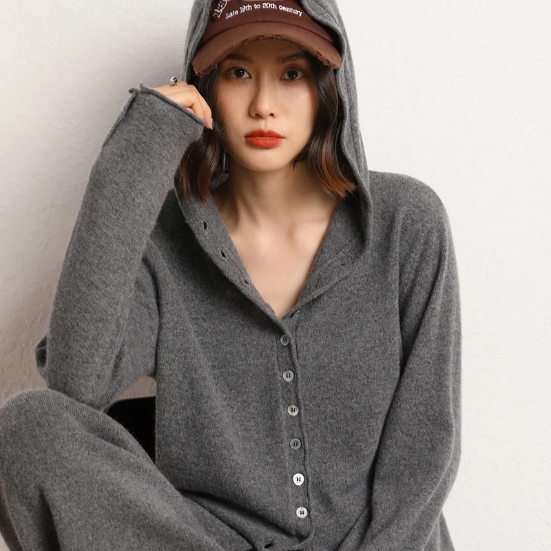 100% cashmere women's matching set hooded collar single breasted cardigan jacket casual knitted pants pocket loose 2-piece set