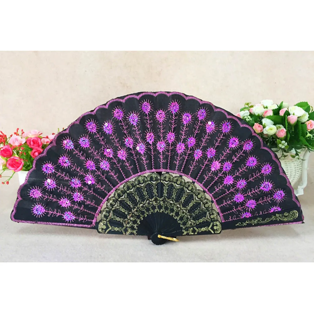 

Handmade Wing Fan Peacock Shaped Sequin Folding Fan For Women Portable Dance Performance Stage Use Purple