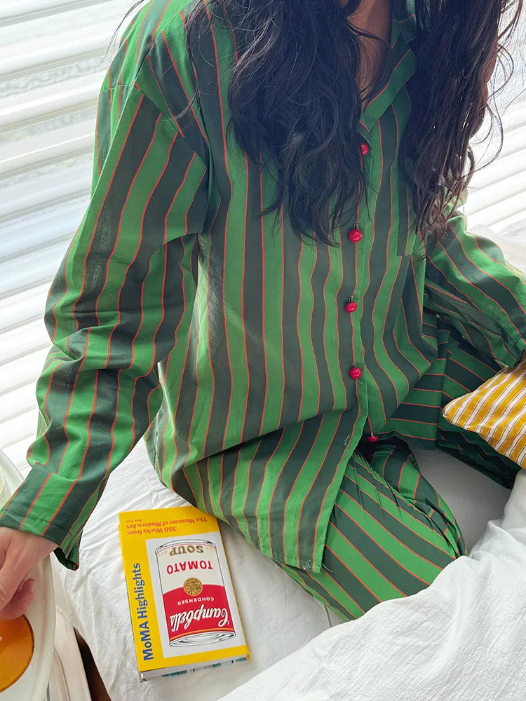 

een Striped Loose Fit Home Clothes Women's Spwear Outerwear Simple Sle Couple Matching Long Sve Pyjamas Set