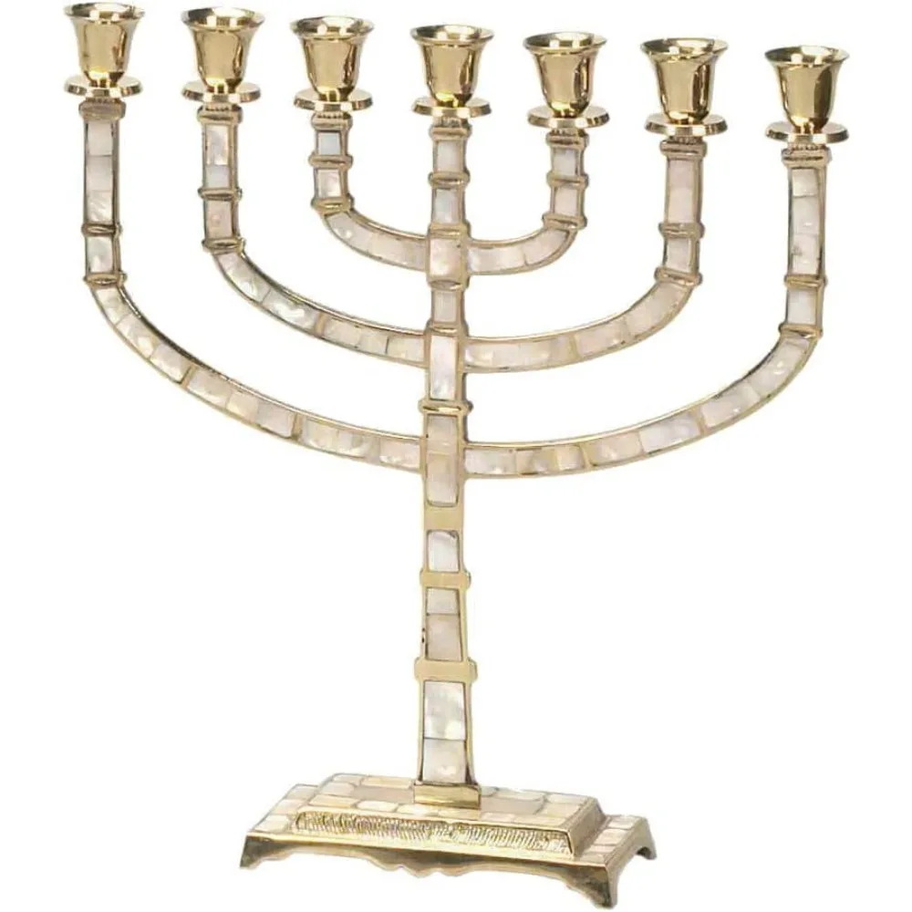 

Seven Branch Brass Menorah. Brass with Mother of Pearl Inlay. 7 Light-7 Branch Menorah