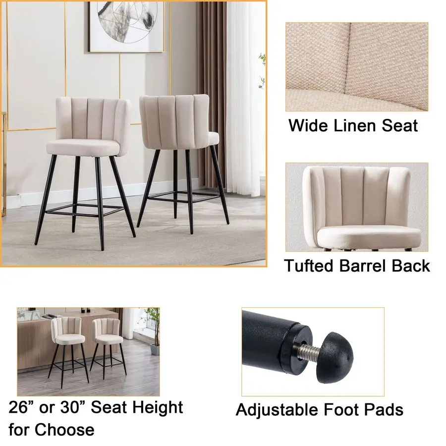 30 Bar Height Barstools Set of 2 Modern Kitchen Stools Upholstered Counter Stool Chairs with Gold Legs for Kitchen Island Breakf