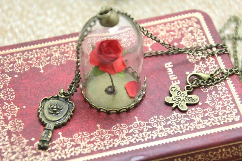 12pcs/lot Beauty and The Beast Enchanted Rose Inspired Necklace Glass Dome bronze tone mirror charm