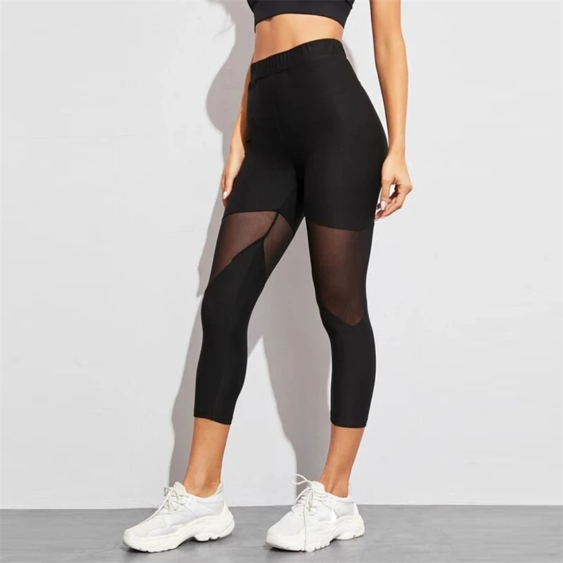 Czarne legginsy kobieta Push Up trening legginsy z wysokim stanem siatka Sexy bezszwowy sportowy spodnie damskie joga przycięte legginsy gimnastyczne damskie