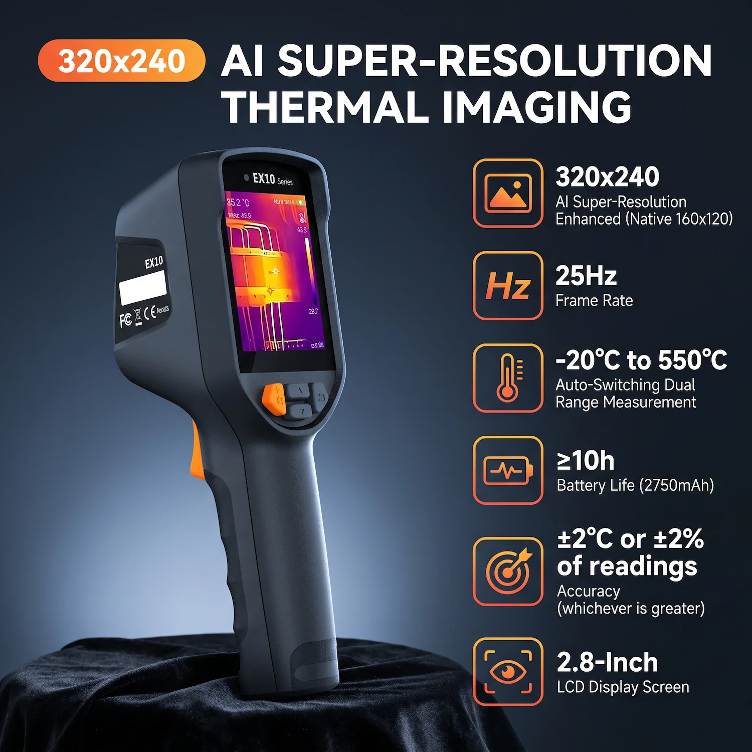 EX10 Handheld Thermal Imaging Camera Dual Range Auto-Switching ±2°C or ±2% Accuracy Household Maintenance Heat Loss Detection
