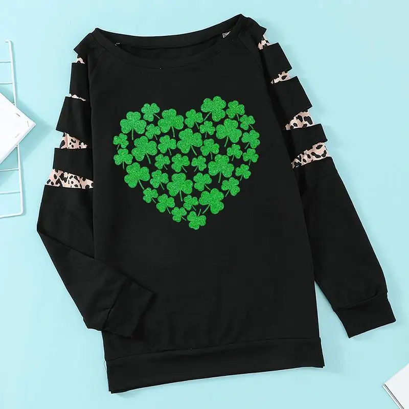 Women's Oversized Long Sve Hoodie Print Design Four Le Clover Heart aped Leopard Pattern Autumn New Sle Top