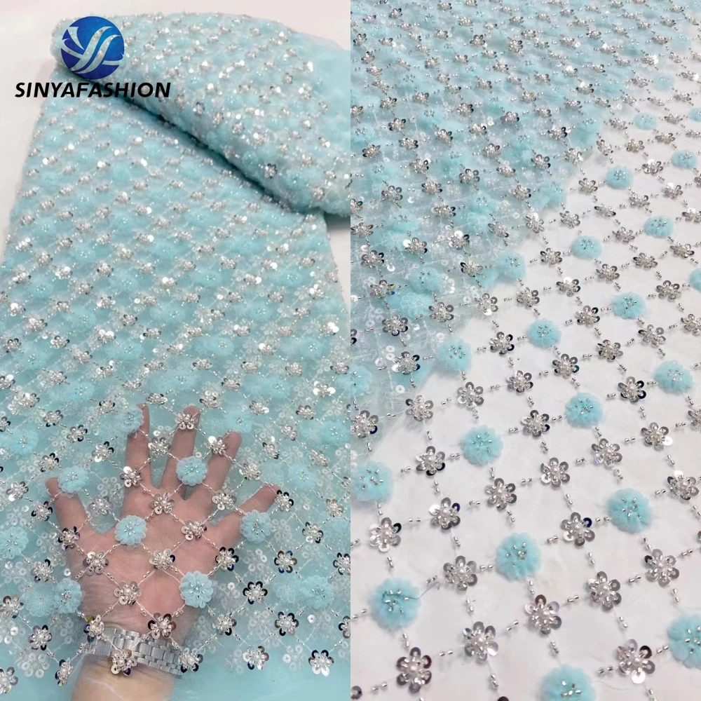 

Tim Luxury African 3D Lace Fabric 5 Yards Dubai 3D Sequins Beaded Tulle Lace Fabric Embroidered Flower Nigerian Wedding Fabric