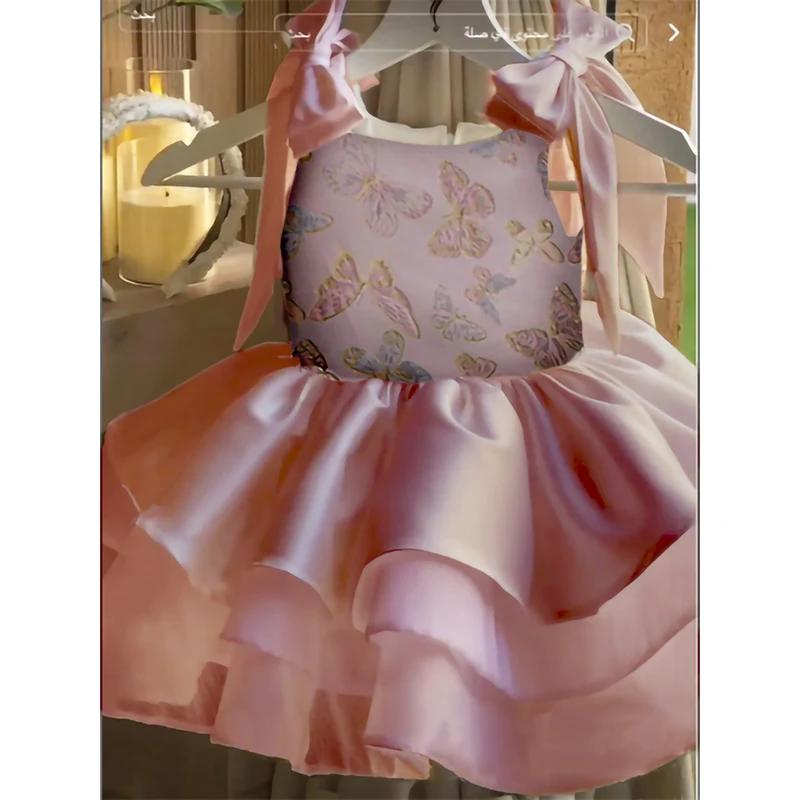 Rosa Schmetterling Brokat Satin müde, Ballkleid für Mädchen Puff Baby Blumenmädchenkleid für Hochzeit, Geburtstag, Kleinkind, Kinder, 1–14 Jahre – Detail 6
