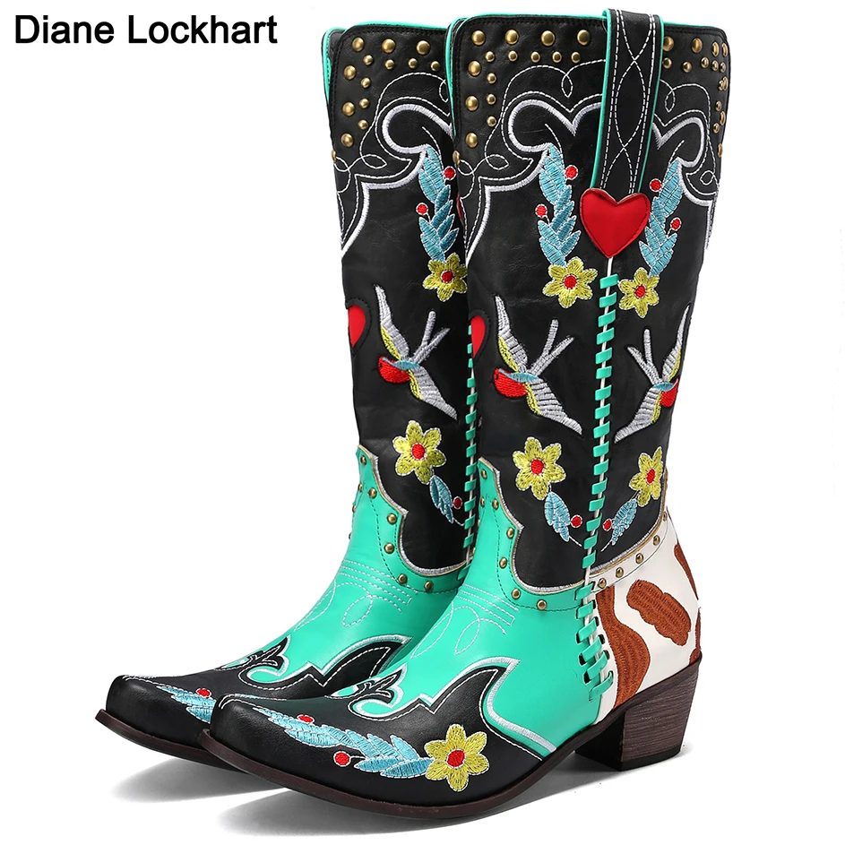 dropship Fashion Mixed Color Knee-high Great Quality Women Shoes Plus Size 43 Embroider Western Boots Comfy Walking Corral Boots