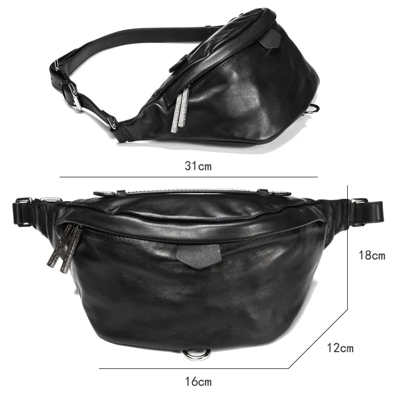 PNDME Casual Simple Natural Soft Genuine Leather Men's Black Chest Bag Fashion Cowhide Ladies Waist Pack Riding Crossbody Bags