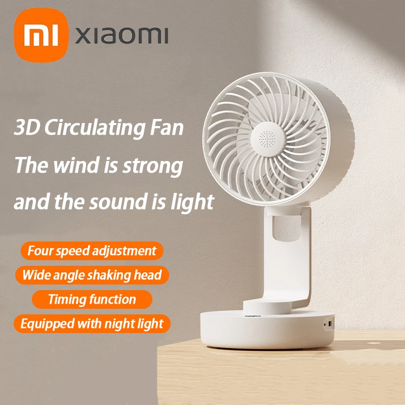 Xiaomi-Ventilador Oscilante Dobrável USB, Operado por Bateria, Iluminação LED com Temporizador, Refrigeração Elétrica a Ar, 4 Velocidades, Quarto