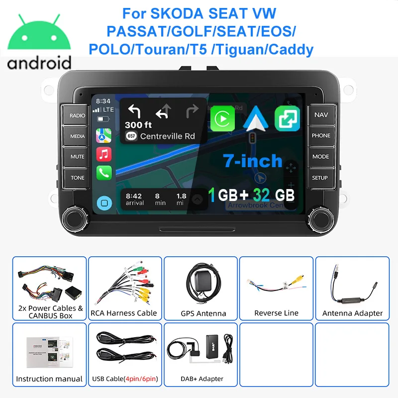 ESSGOO Autoradio Android15 7" 4+64 GB / 6+128 GB für VW Golf 5 6 Passat Polo 6R Touran Tiguan Caddy EOS Jetta Seat Skoda Wireless CarPlay Android Auto GPS Navigation RDS FM Bluetooth Mirror Link