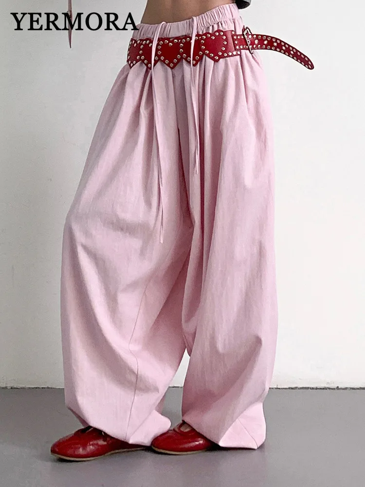 

YERMORA High Elastic Waist Pink Color Drawsting Casual Wide Leg Pants For Women Loose New Trousers Fashion Spring Autumn 2025