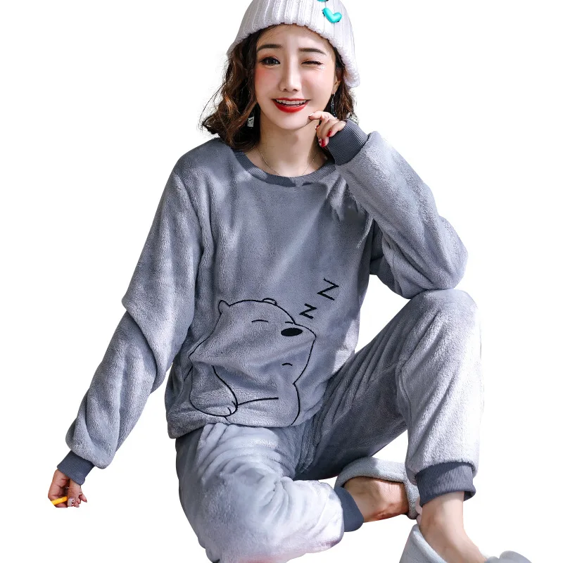 Kalınlaşmış sıcak pijama kış pazen o-boyun kız Loungewear 2 adet Set bayan pijama uzun kollu karikatür ayı Loungewear