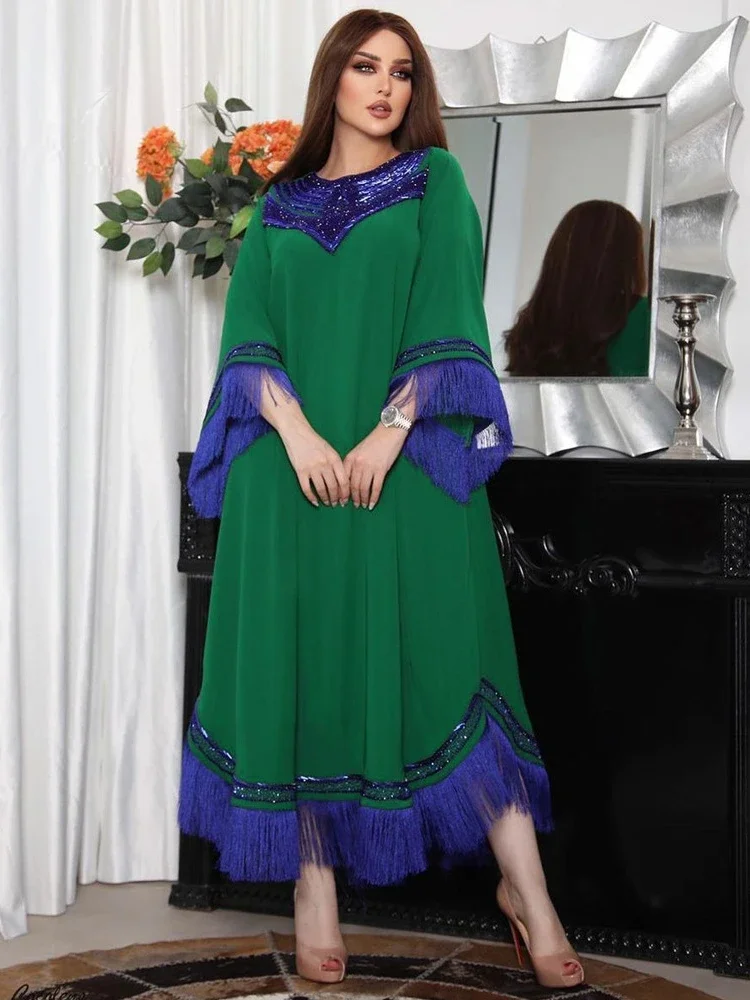 Eid Ramadan Morocco Dress Women Jalabiya Sequins Tassel Muslim Abaya Kaftan Evening Dress Green Party Vestidos Fashion Abayas