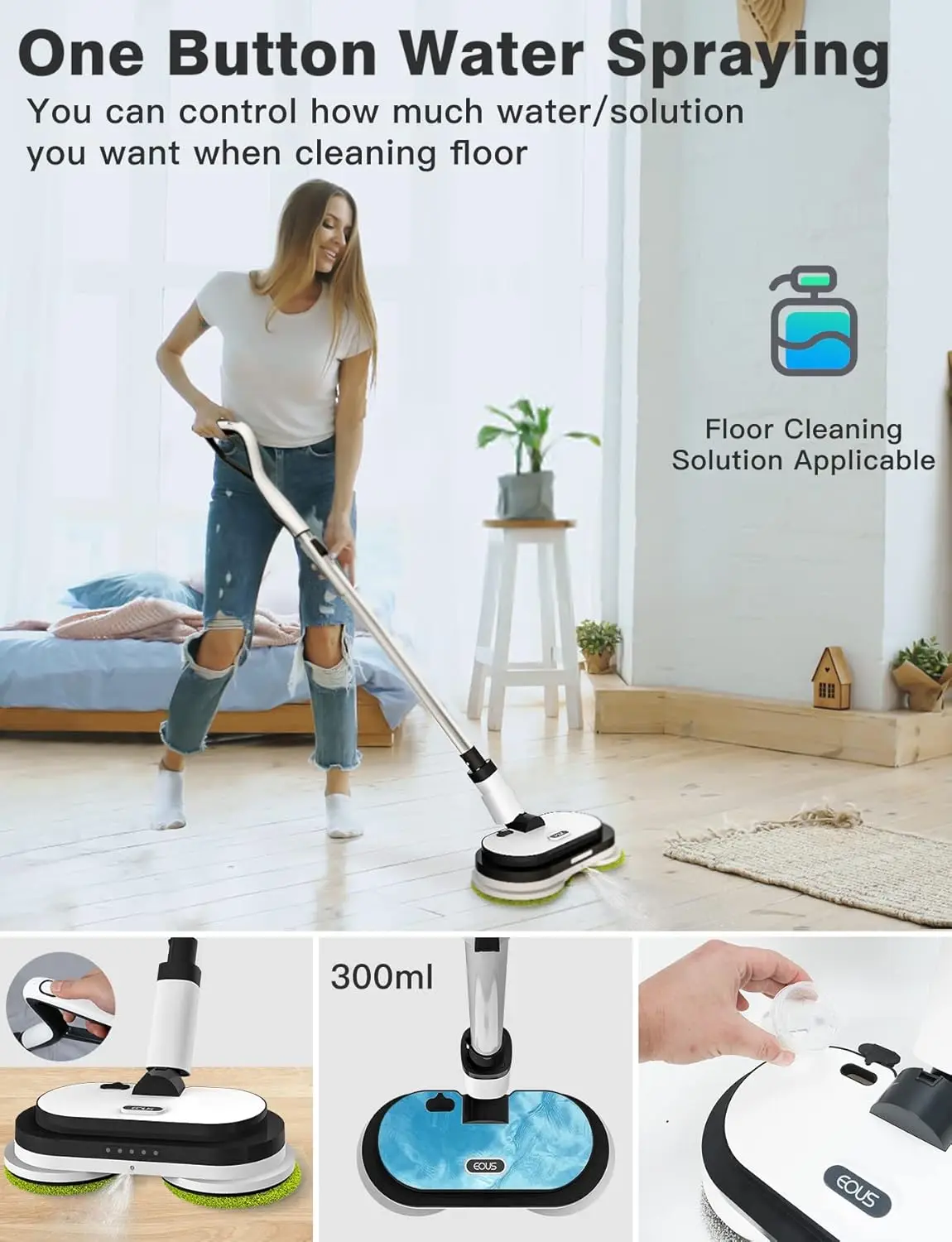 Electric Mop, Floor Cleaner with LED Headlight & Water Sprayer, Up to 60 mins Detachable Battery, Dual-Motor Powerful Spin Mop w