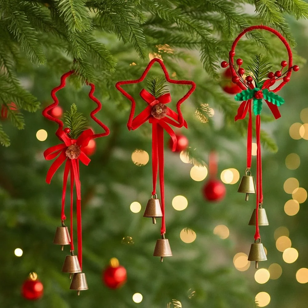 أجراس عيد الميلاد الحديدية الرجعية الأحمر اليدوية الحرفية أجراس عيد الميلاد الرنين مع التوت شجرة عيد الميلاد أجراس معلقة جو احتفالي #4