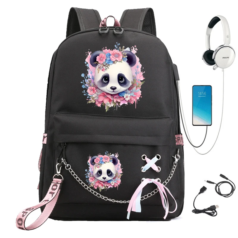 Nuove borse zaino moda femminile Lady Cute Flower Panda zaino ricarica Usb borse da scuola per College borse da scuola per Laptop per adolescenti