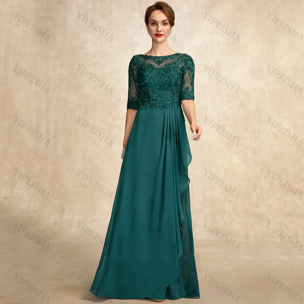 Verde o-collo a-line Chiffon madre della sposa abiti perline mezza manica Appliques Ruffles lungo formale abito da ballo di nozze