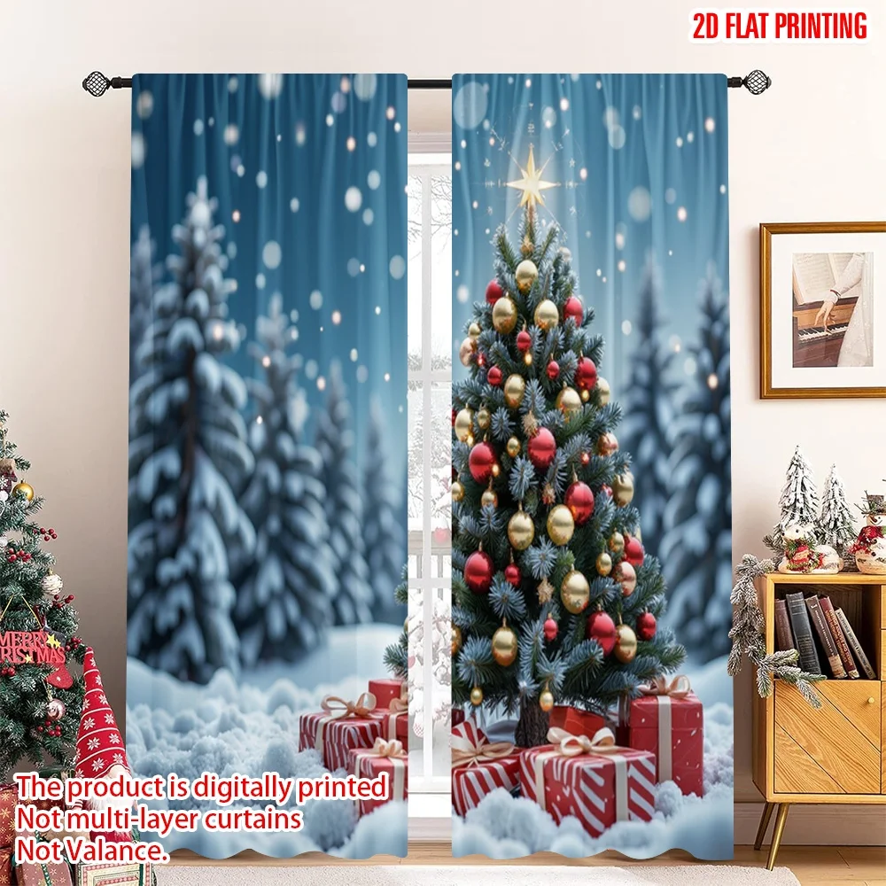 

2pcs 2D flat printing Christmas Window Drapes Festive Christmas Tree Snow Polyester Without Electricity Party & Holiday Decor