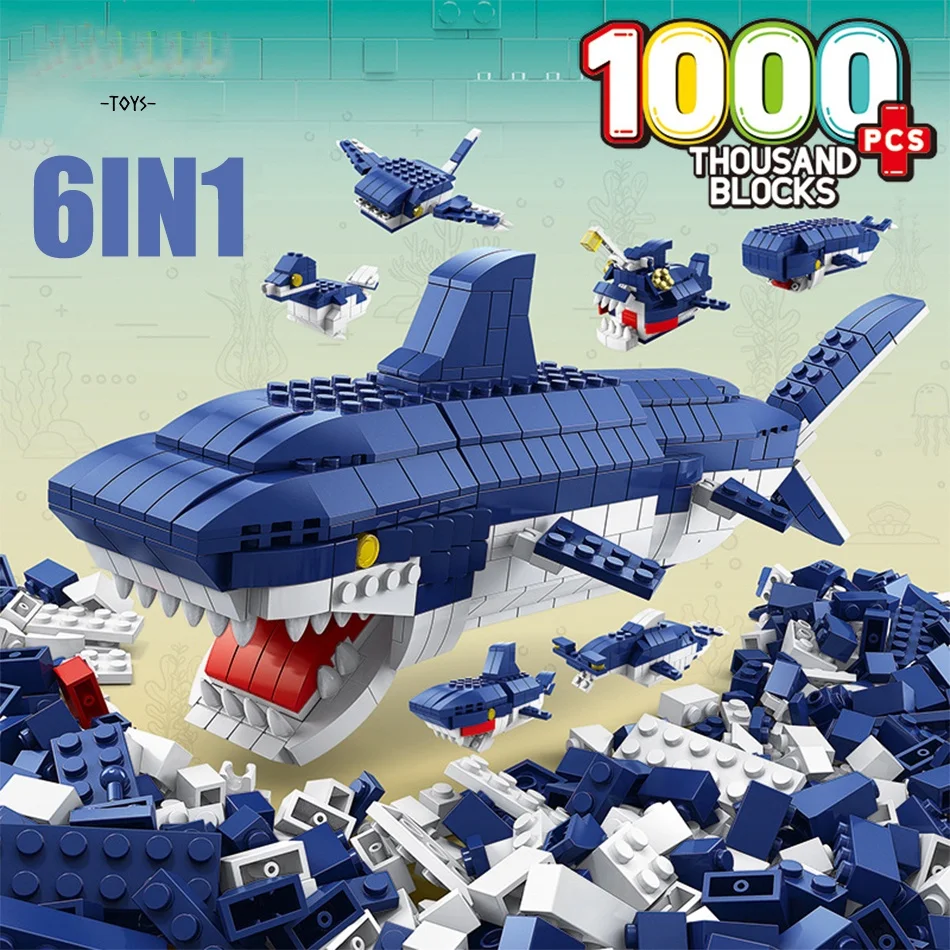 1000 قطعة 6 في 1 أسماك القرش المحيط عالم البحر اللبنات تحت سطح البحر الحيوان خلق الطوب لعبة تعليمية للأطفال